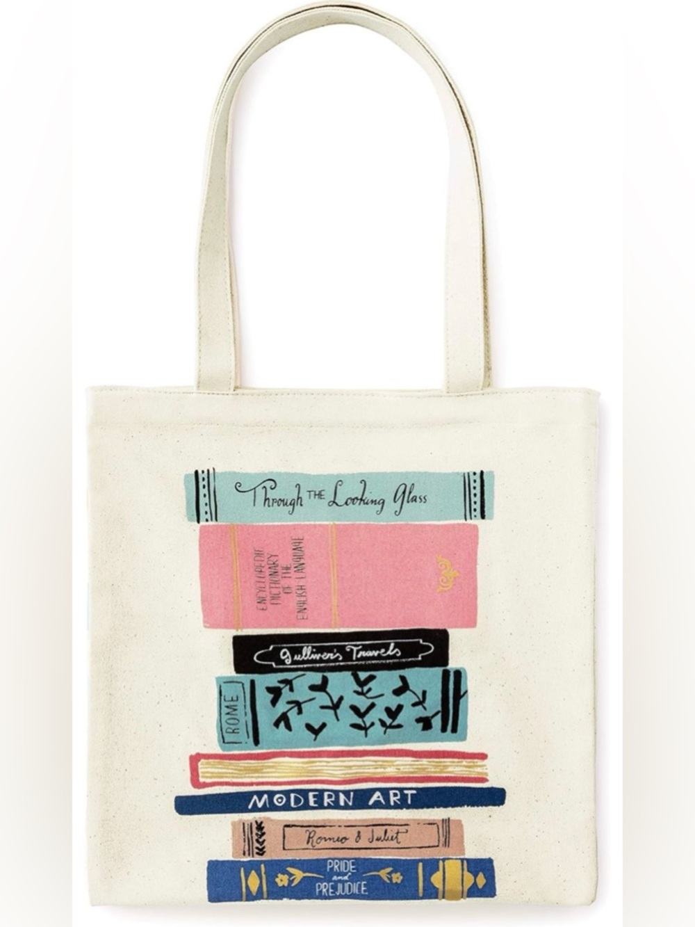 ❌SOLD❌ kate spade Cream Canvas Tote with Pink and Blue Book Stack Print - Picture 1 of 10